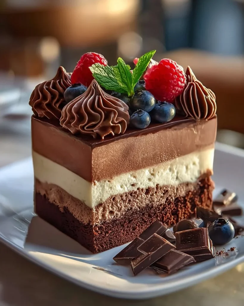 Triple chocolate mousse cake with layers of rich chocolate mousse and ganache