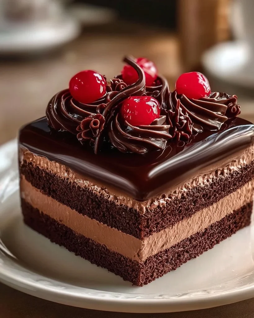 Decadent Triple Chocolate Mousse Cake with layers of rich chocolate