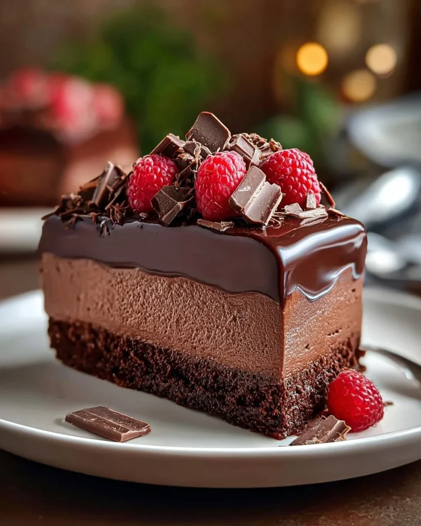 A beautifully crafted Triple Chocolate Mousse Cake showcasing layers of rich chocolate.