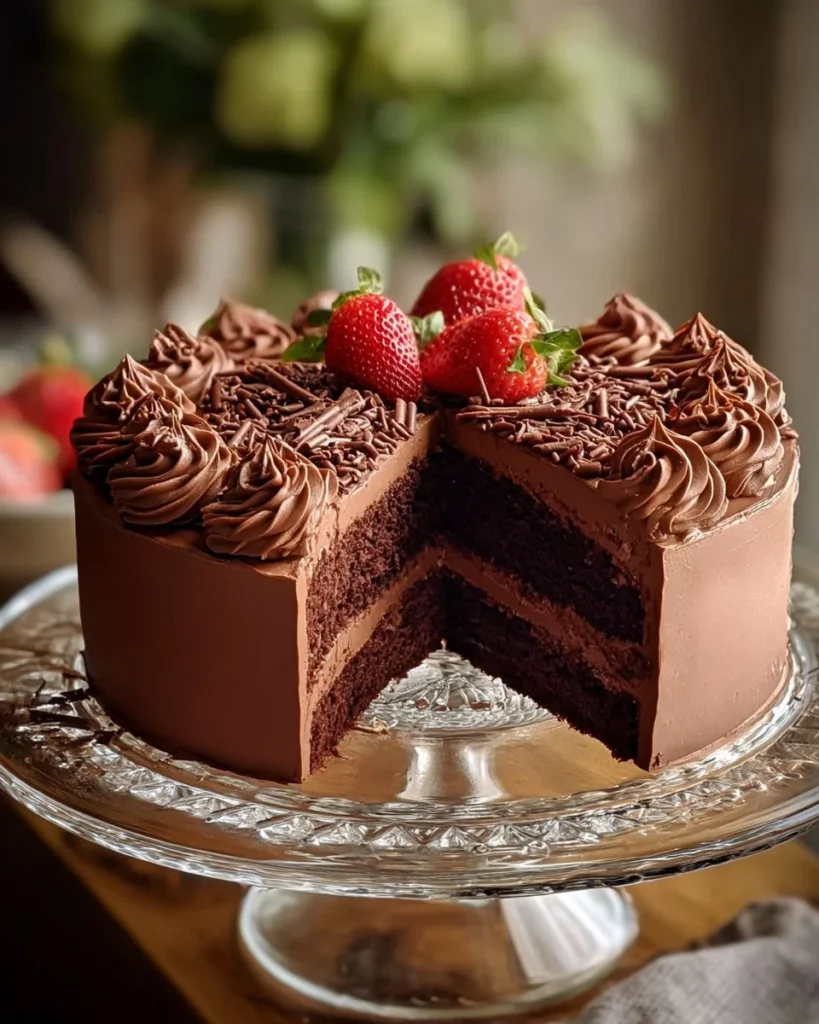 Delicious slice of Triple Chocolate Mousse Cake topped with chocolate shavings