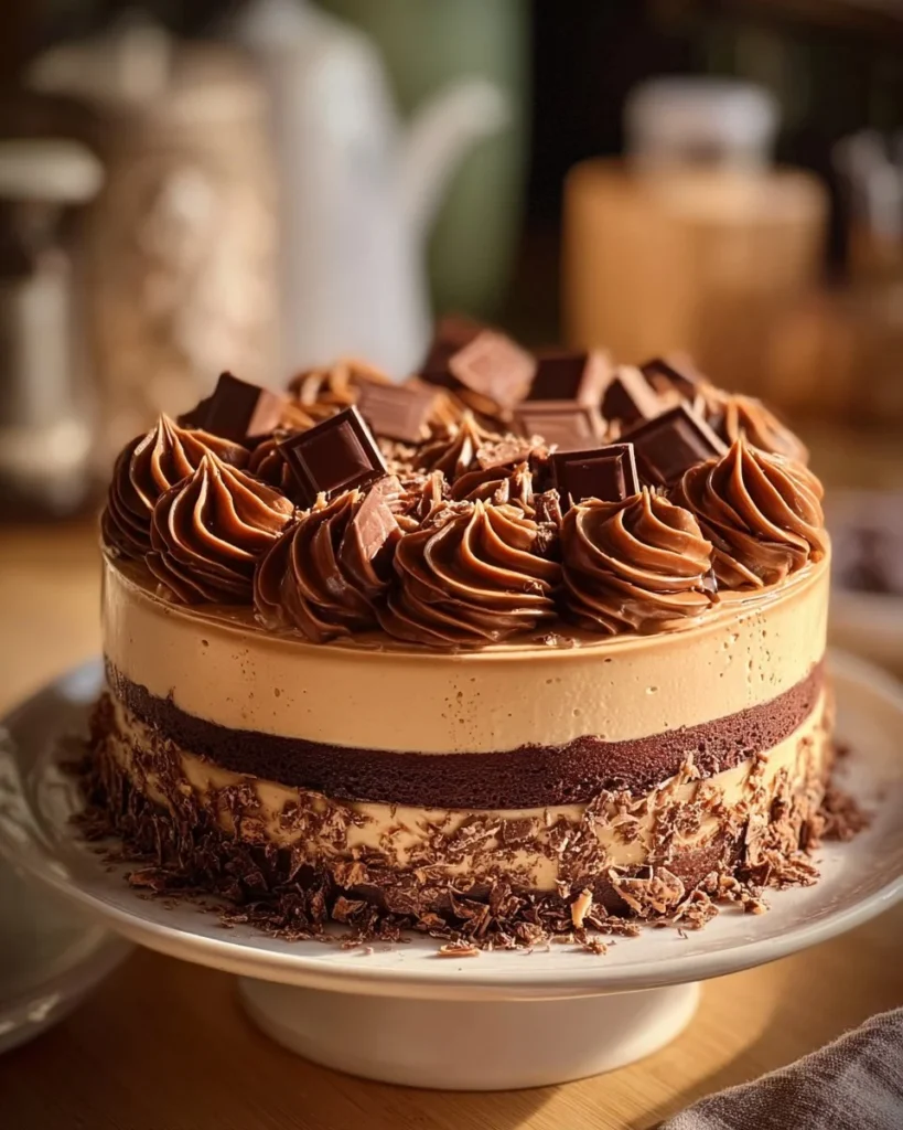 Triple Chocolate Mousse Cake with rich chocolate layers and whipped cream topping