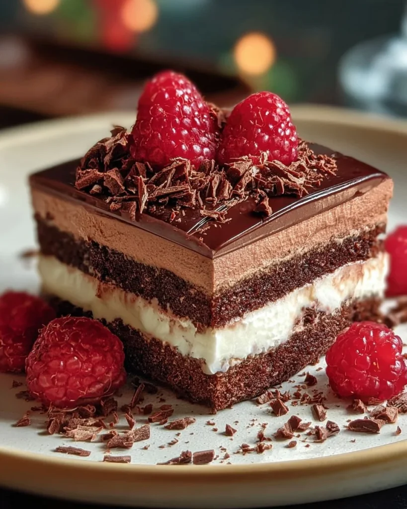Delicious triple chocolate mousse cake with layers of chocolate and whipped cream.