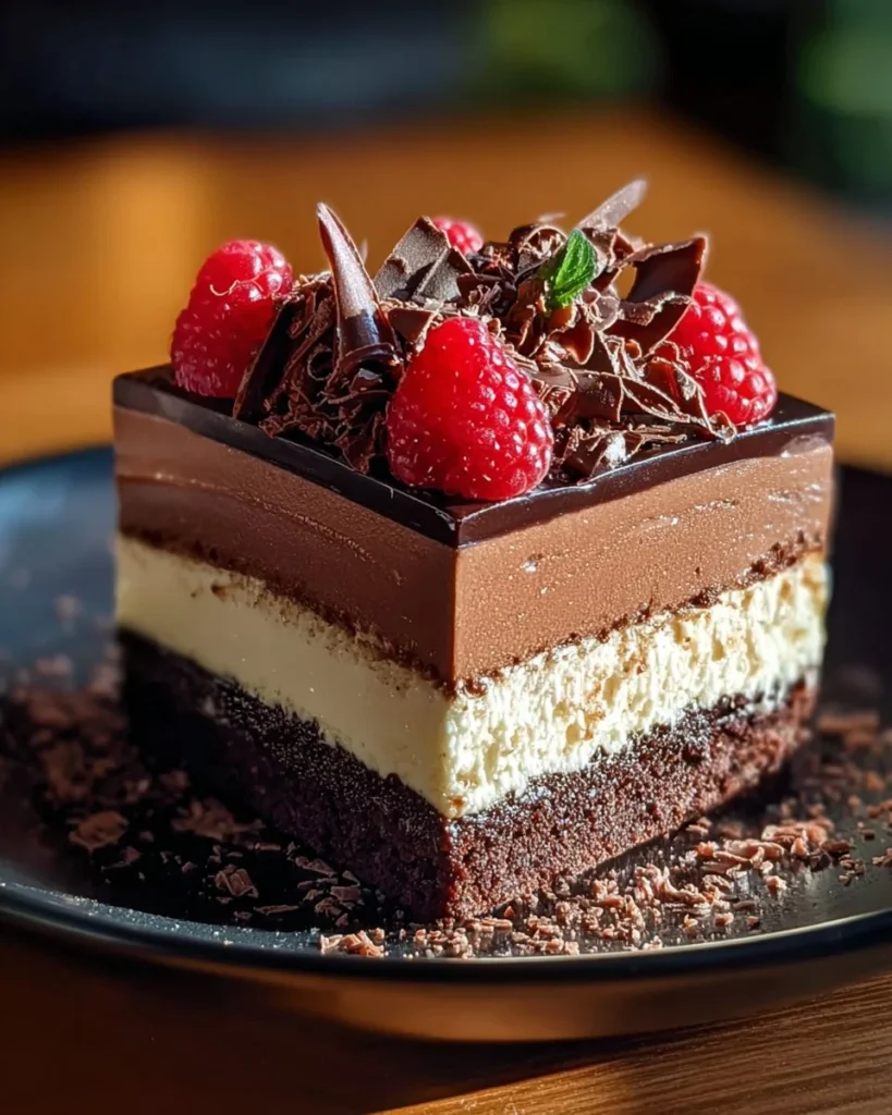 Triple chocolate mousse cake with rich layers of chocolate and creamy texture