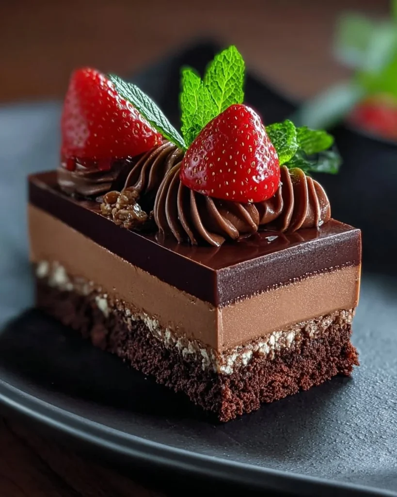 Delicious triple chocolate mousse cake topped with chocolate shavings and fresh berries.