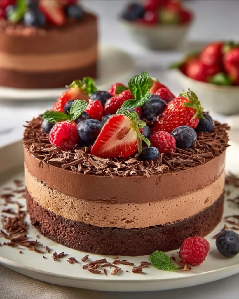 Triple Chocolate Mousse Cake with layers of rich chocolate and creamy mousse