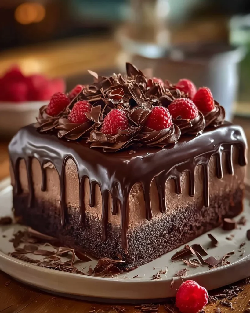 Decadent triple chocolate mousse cake decorated with chocolate shavings