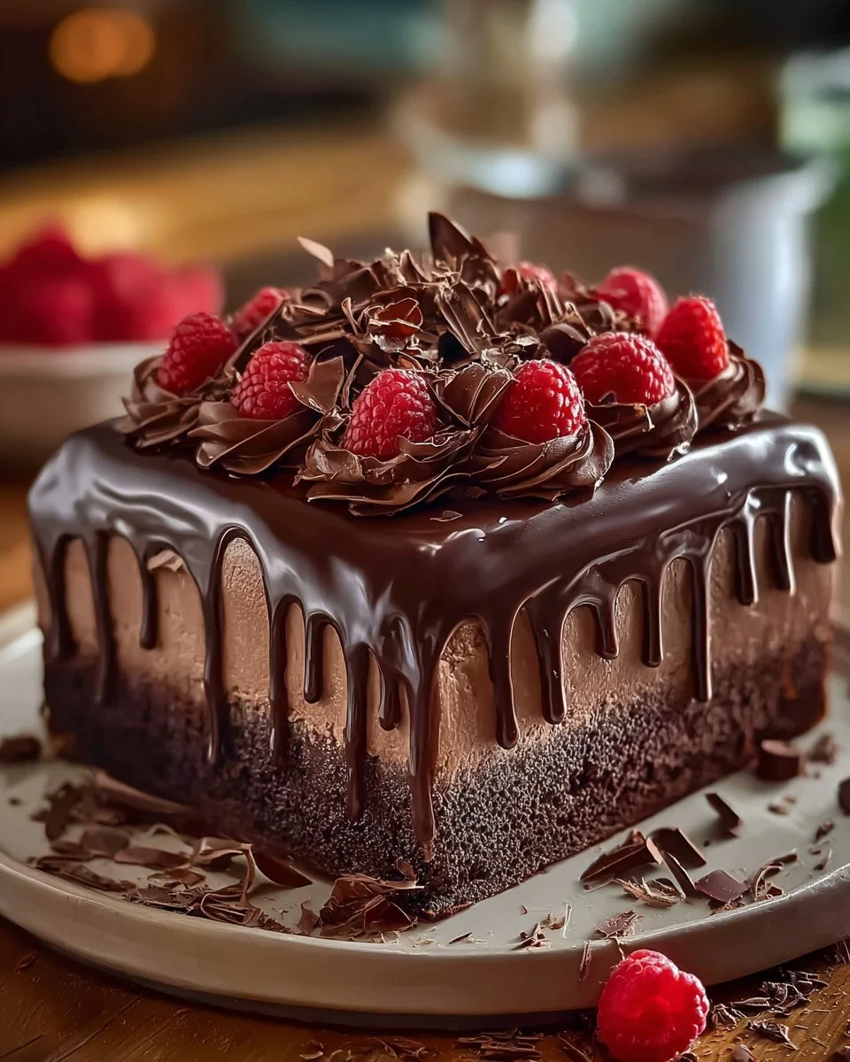 Decadent triple chocolate mousse cake decorated with chocolate shavings