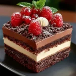 Delicious triple chocolate mousse cake with layers of rich chocolate dessert