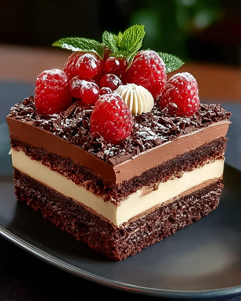 Delicious triple chocolate mousse cake with layers of rich chocolate dessert