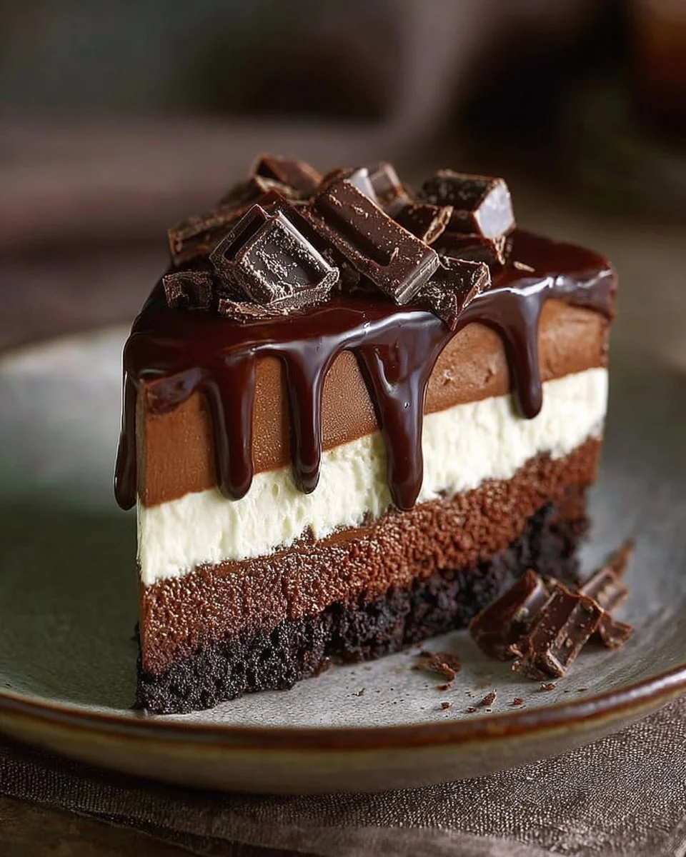 Delicious triple chocolate mousse cake served on a plate with garnishes