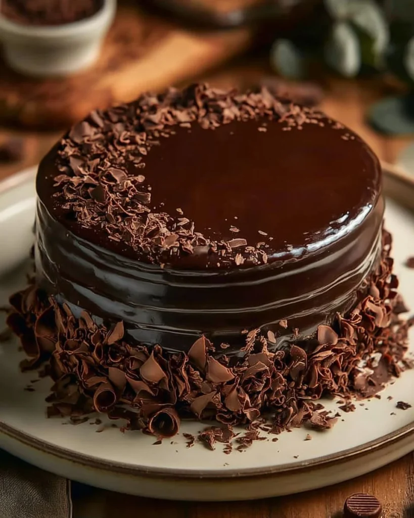 Delicious Triple Chocolate Mousse Cake topped with chocolate shavings.