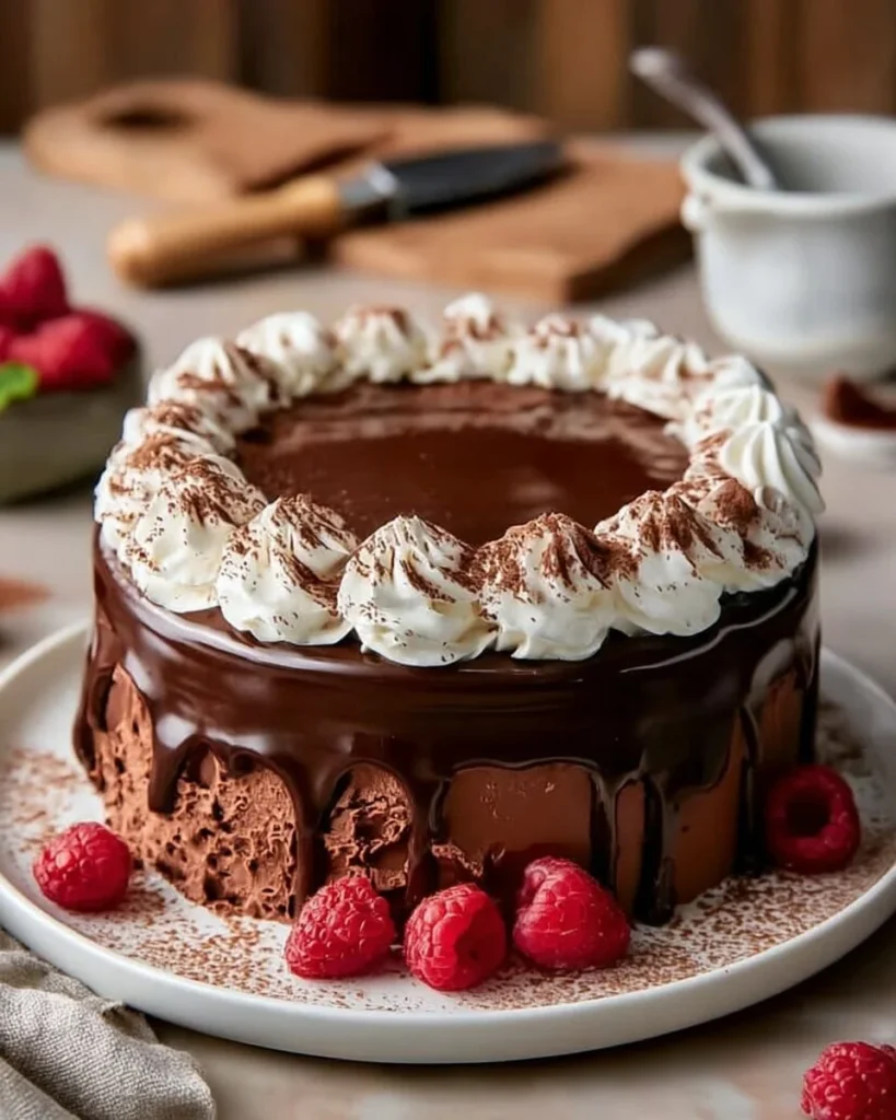 Decadent Triple Chocolate Mousse Cake with layers of creamy chocolate richness