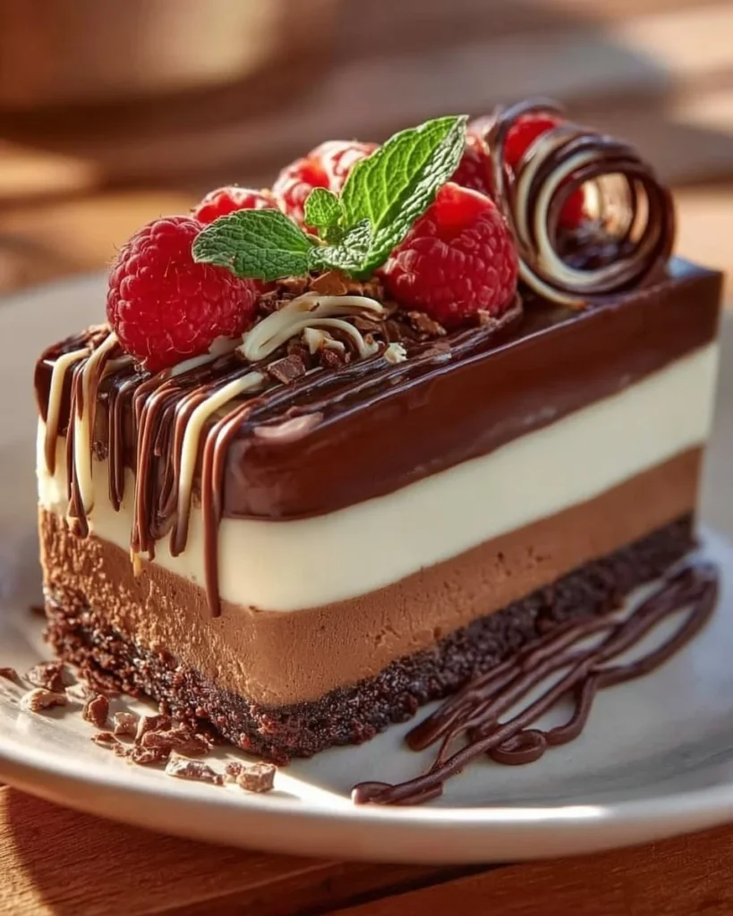 Delicious triple chocolate mousse cake, rich in flavor and perfect for celebrations.