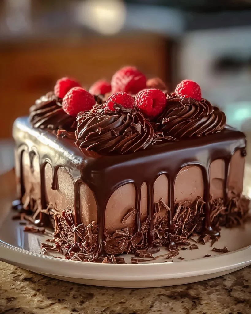 Delicious Triple Chocolate Mousse Cake topped with chocolate shavings and berries
