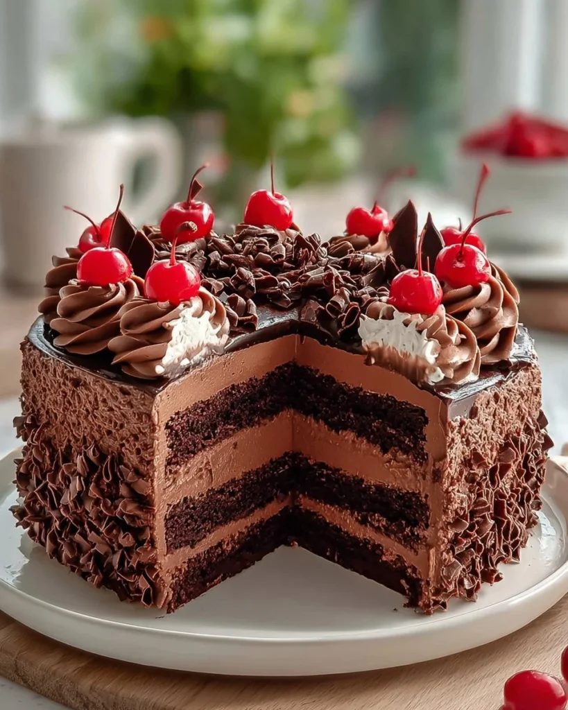 Triple chocolate mousse cake with rich layers of chocolate and creamy frosting