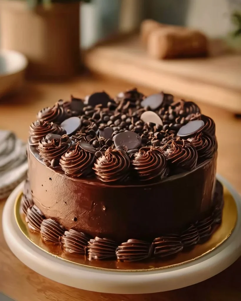 Triple Chocolate Mousse Cake topped with chocolate shavings and berries