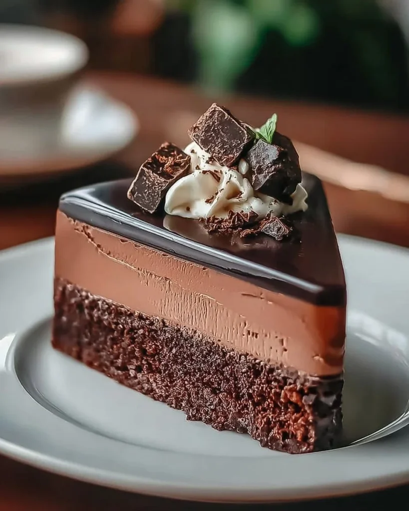 Slice of triple chocolate mousse cake with rich layers of chocolate goodness