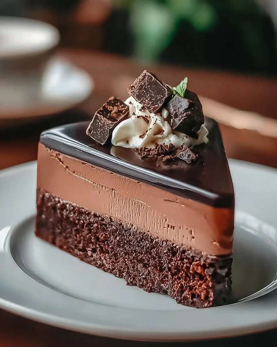 Slice of triple chocolate mousse cake with rich layers of chocolate goodness