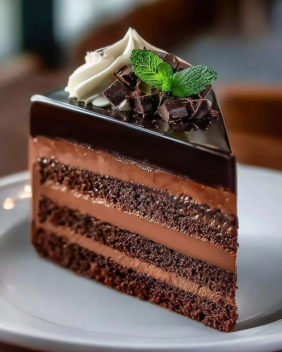 Triple chocolate mousse cake with rich layers of chocolate and whipped cream.