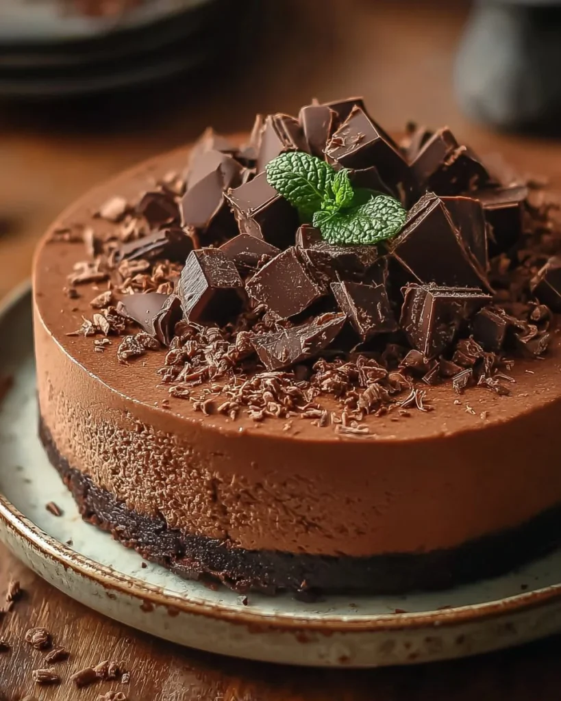 Decadent Triple Chocolate Mousse Cake topped with chocolate shavings