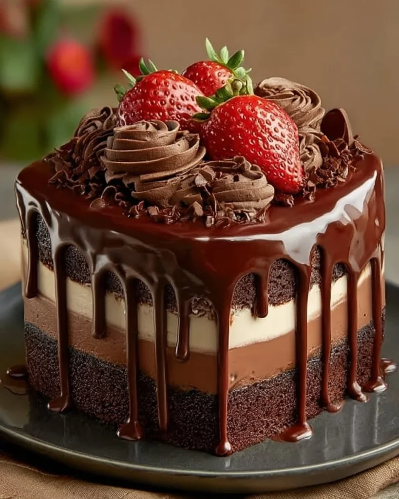 Three layers of rich chocolate mousse cake topped with dark chocolate shavings.