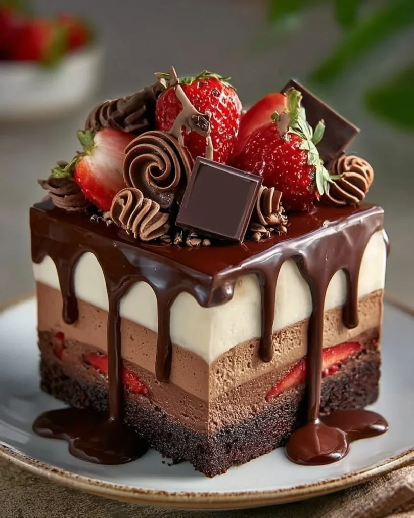 Triple Chocolate Mousse Cake with rich layers of chocolate and smooth mousse.