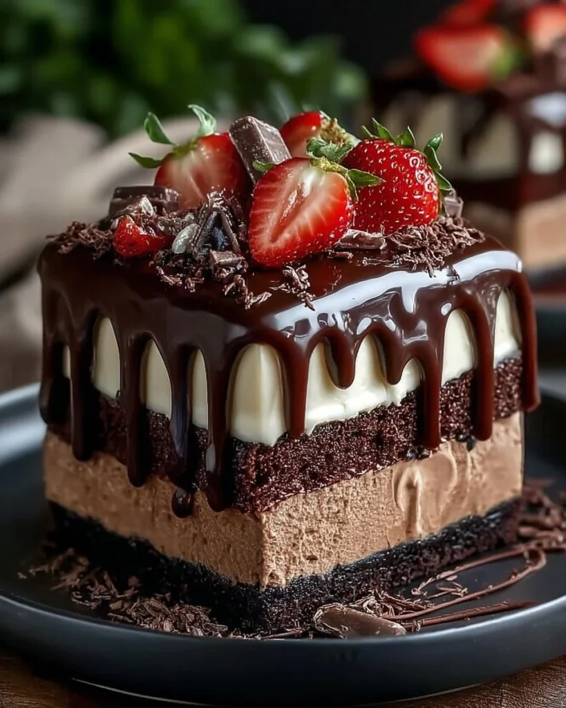 Triple chocolate mousse cake topped with chocolate shavings and whipped cream