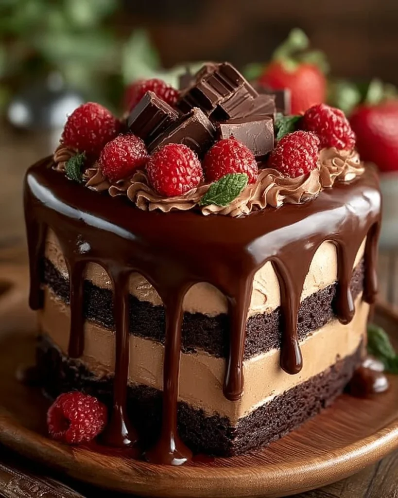 A decadent Triple Chocolate Mousse Cake with rich chocolate layers and whipped cream.