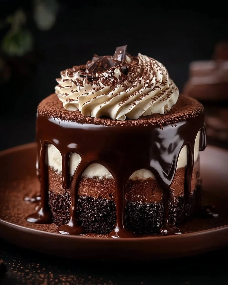 Slice of triple chocolate mousse cake topped with chocolate shavings and berries