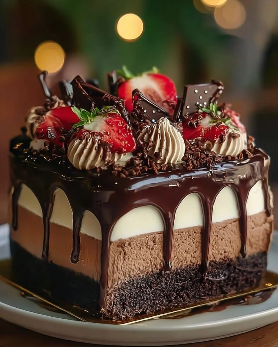 Triple Chocolate Mousse Cake - rich and creamy dessert for chocolate lovers