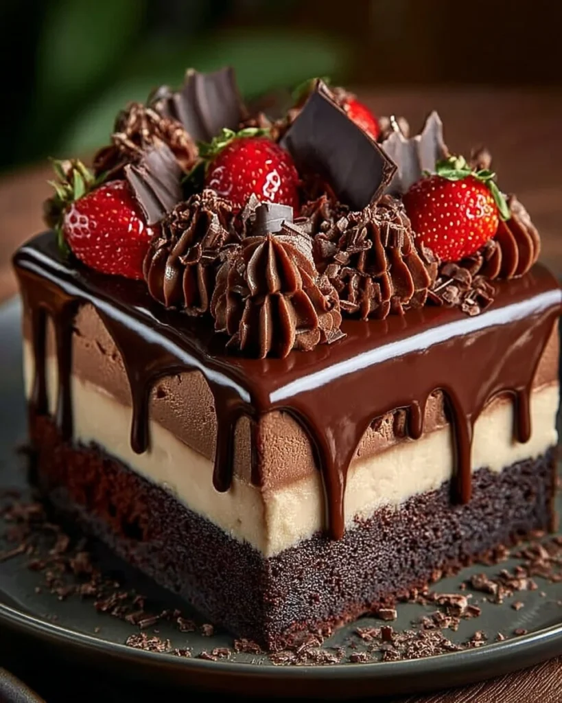 Decadent triple chocolate mousse cake with rich chocolate layers