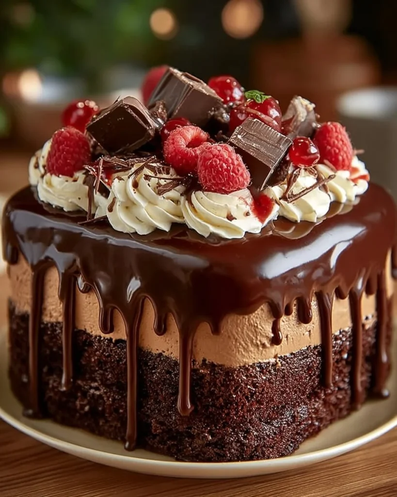 Decadent triple chocolate mousse cake with layers of rich chocolate