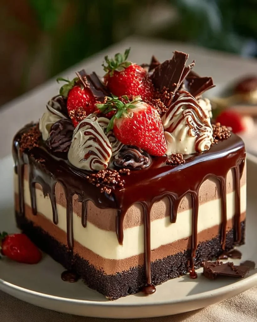 Decadent Triple Chocolate Mousse Cake with creamy layers of chocolate mousse