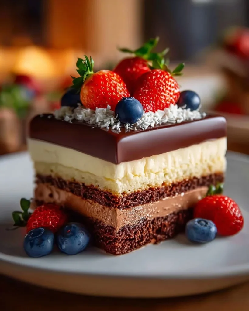Triple chocolate mousse cake topped with fresh berries for a delicious dessert.