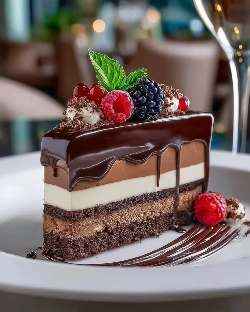 Delicious Triple Chocolate Mousse Cake with healthier ingredients and rich texture.