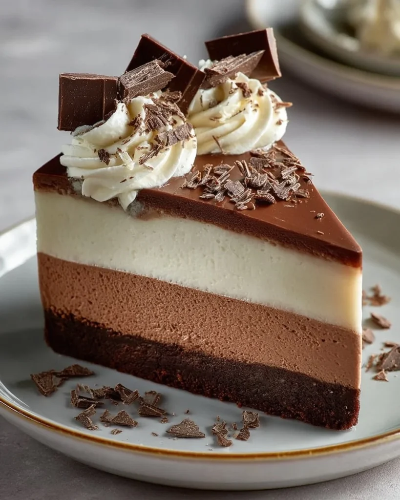 Triple chocolate mousse cheesecake with layers of chocolate and creamy cheesecake