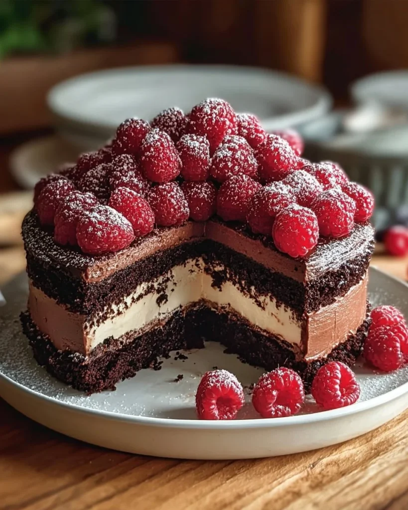 Delicious Triple Chocolate Mousse Torte with rich layers of chocolate.