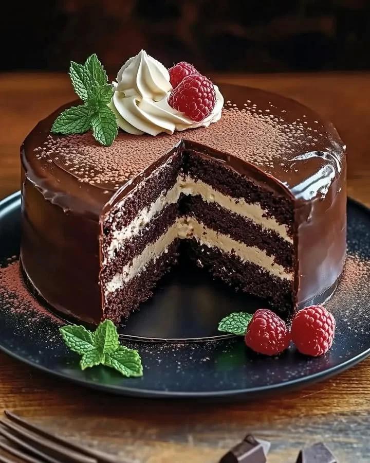 Decadent triple chocolate mousse torte with rich layers of chocolate.