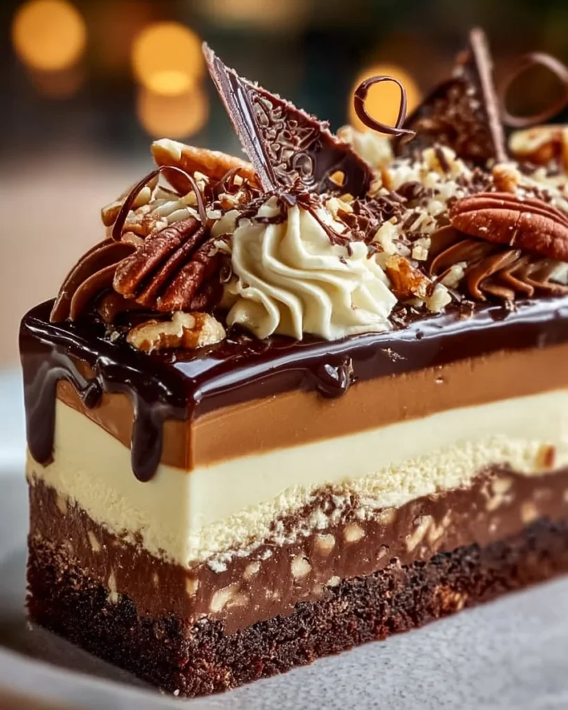 Layers of rich Triple Layer Chocolate Cake topped with chocolate frosting