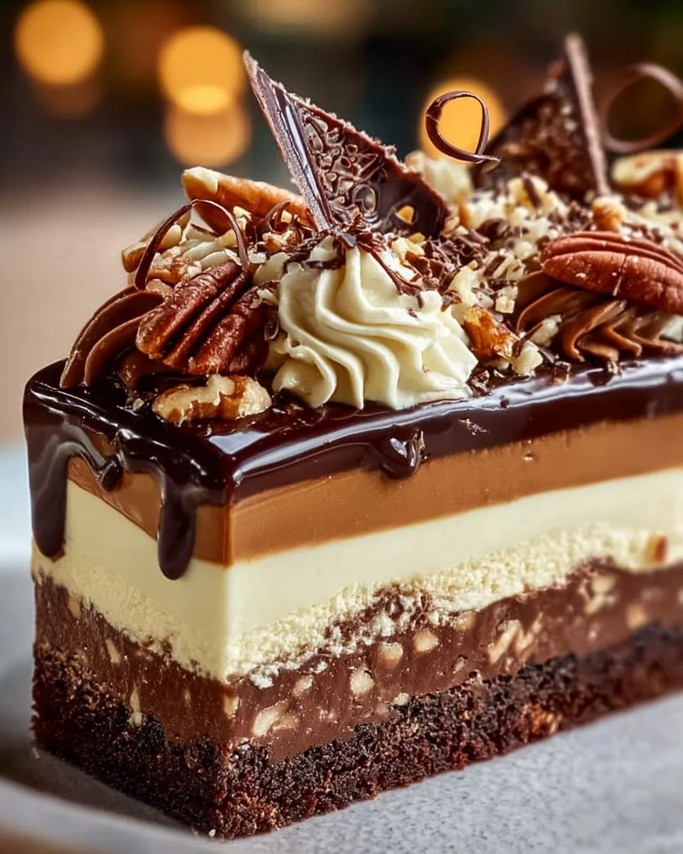 Layers of rich Triple Layer Chocolate Cake topped with chocolate frosting