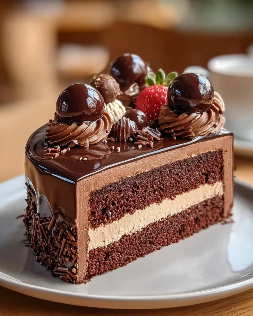 Delicious triple layer chocolate mousse cake with rich chocolate frosting.