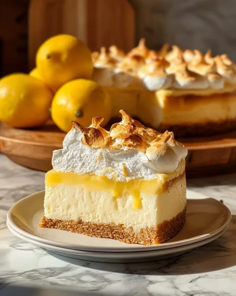 Slice of triple lemon meringue cheesecake with golden meringue topping