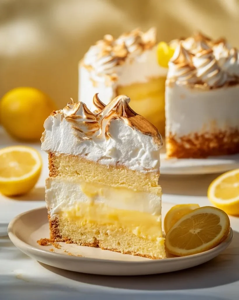Triple Lemon Meringue Cheesecake with citrus flavor and fluffy meringue topping