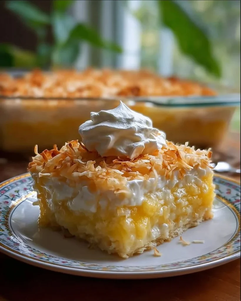 Tropical Coconut Pineapple Cake topped with coconut flakes and pineapple slices