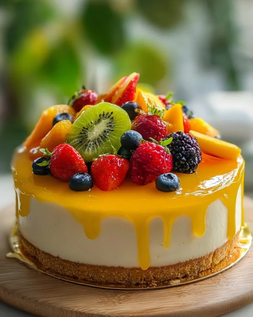 Tropical Delight Fresh Fruit Cheesecake topped with vibrant fresh fruits