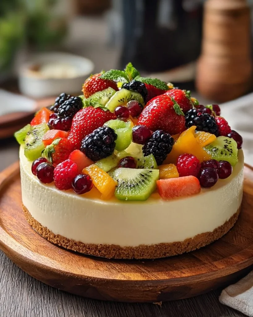 Tropical Fruit Salad Cheesecake topped with fresh fruits