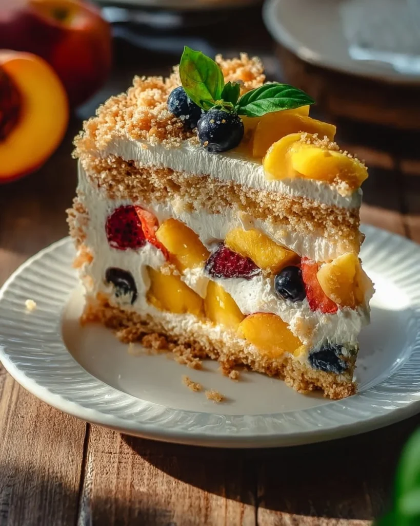 A delectable tropical fruits cheesecake crumb cake topped with vibrant fruits.