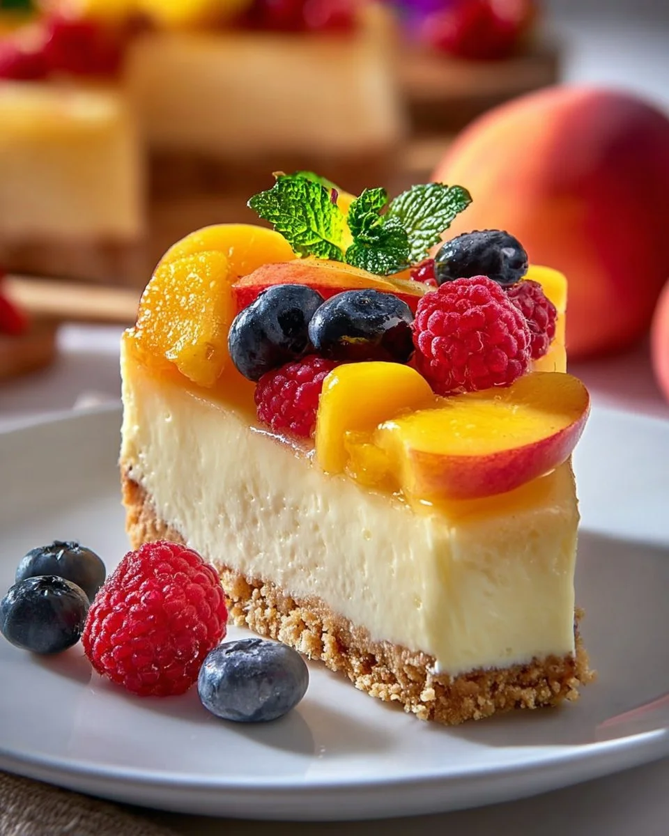 Delicious tropical fruits cheesecake crumb cake topped with fresh fruit slices