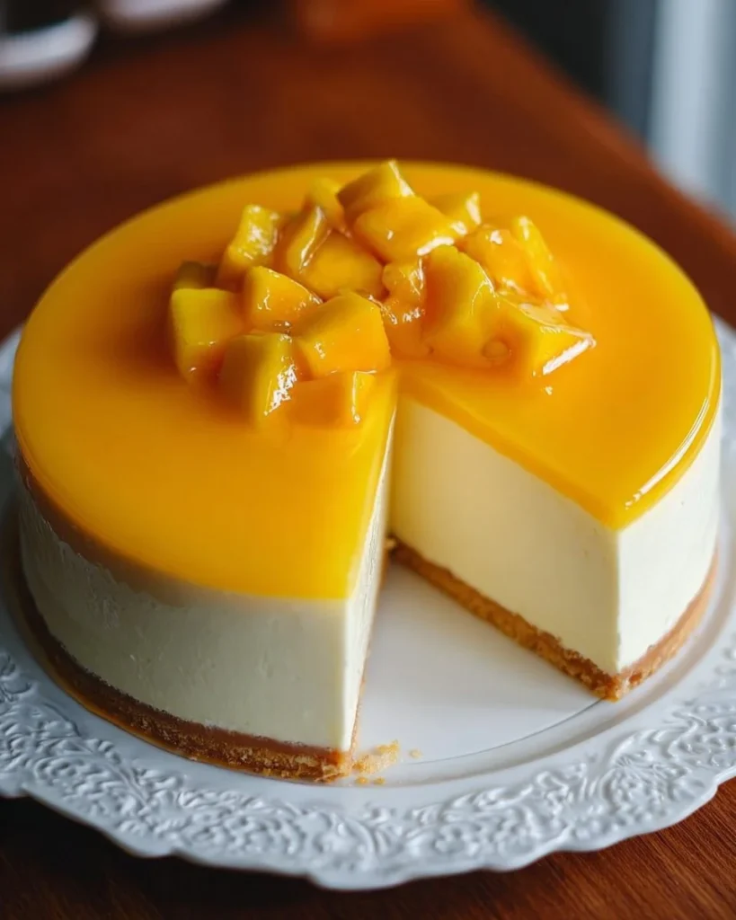 Delicious slice of Tropical Mango Cheesecake topped with fresh mango slices.