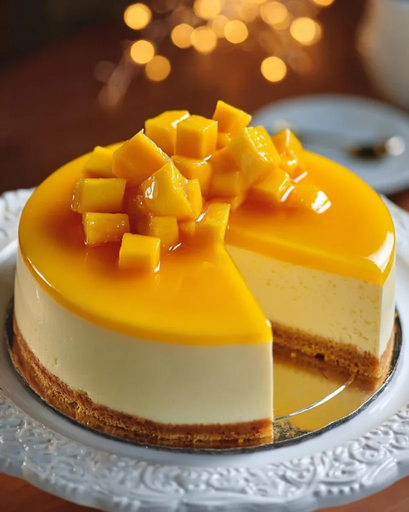 Delicious slice of tropical mango cheesecake topped with fresh mango slices